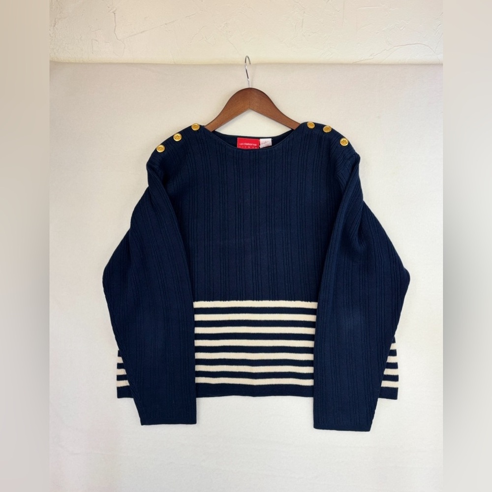 VINTAGE Preppy Striped Sweater Gold Button Knit Navy Blue White Nautical Large